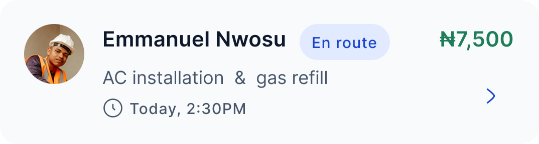 Profile of Emmanuel Nwosu, scheduled for AC installation and gas refill today at 2:30PM, price ₦7,500, status En route.