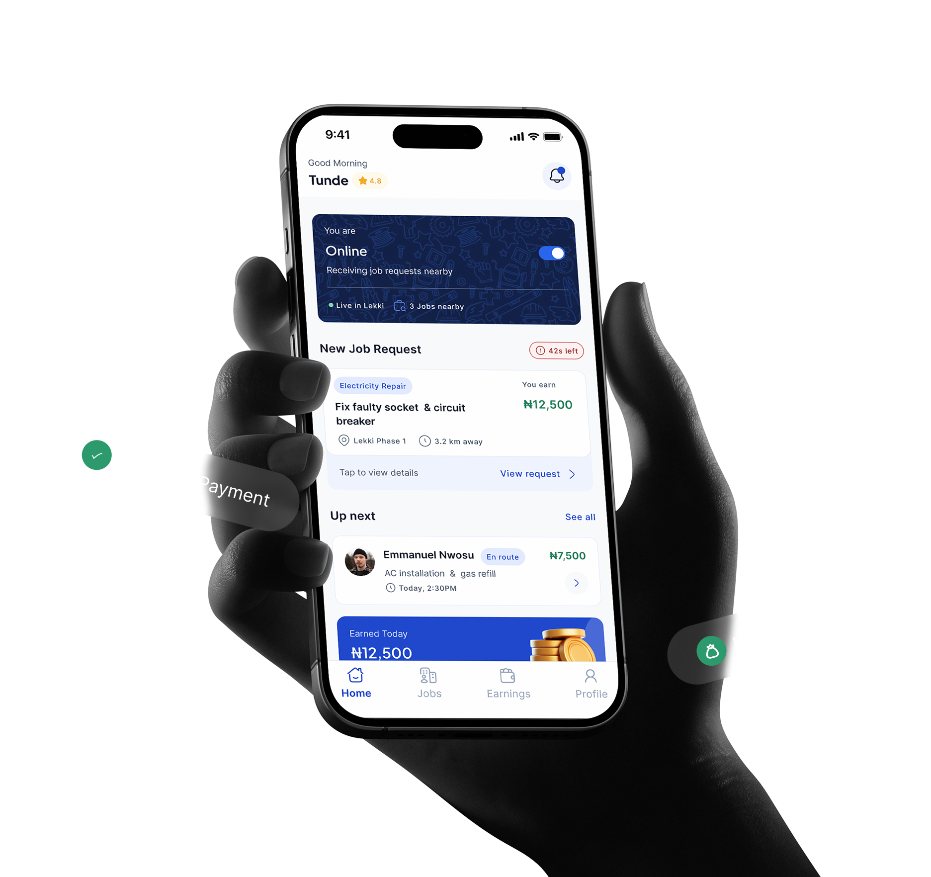 Hand holding phone showing job request app with payment and job details for electrical repair nearby.