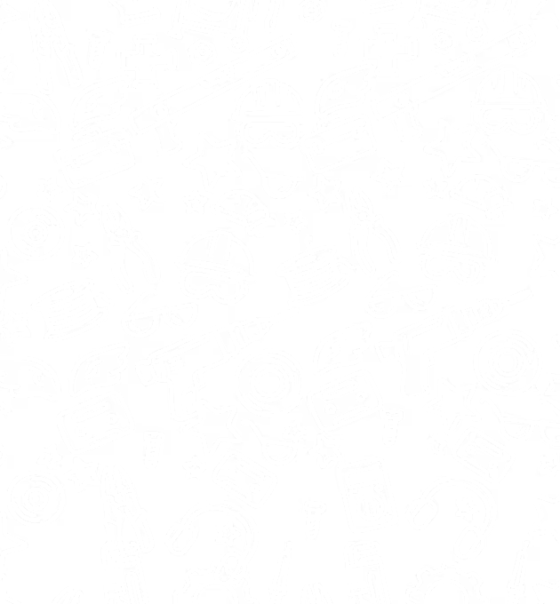 Seamless white line art pattern of tools, safety gear, and construction icons on black background.